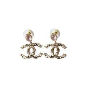Chanel 23B CC Pink Crystal Strass Pearl Twist Stud Earrings Gold